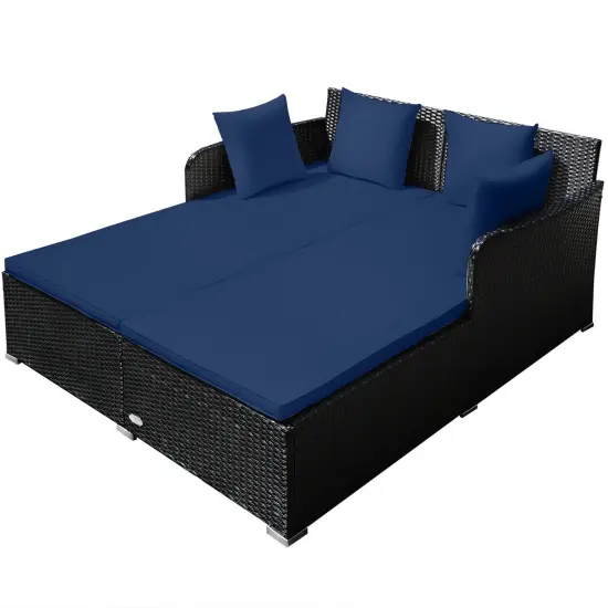 Spacious Outdoor Rattan Daybed With Upholstered Cushions And Pillows Navy {6}