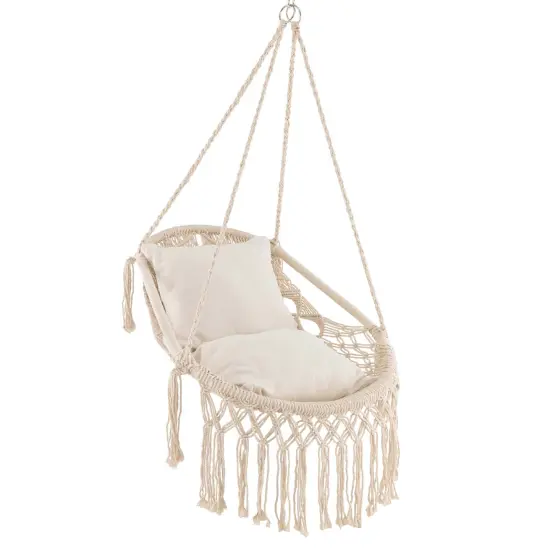 Costway Indoor Outdoor Macrame Swing with Soft Seat Cushions Sturdy Hanging Rope & Chain {1}