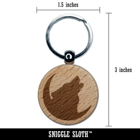 Wolf Howling Crescent Moon Engraved Wood Round Keychain Tag Charm {2}