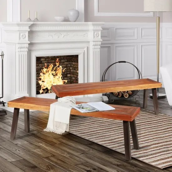 Set of 2 Patio Acacia Wood Dining Benches {6}