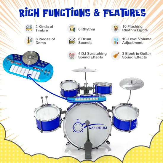 Jazz Drum Musical Instrument Set with Stool and Microphone Stand Ideal for Kids Birthday or Others Occasions Blue {5}