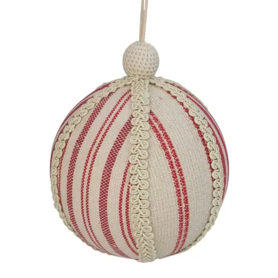 Northlight 6" White and Red Striped Ball Christmas Ornament with Rope Accent {4}