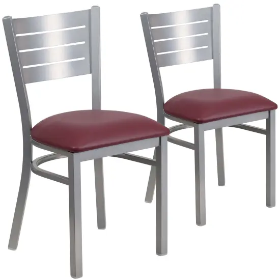 Emma and Oliver 2 Pack Silver Slat Back Metal Restaurant Chair BurgundyVinyl/Silver {1}