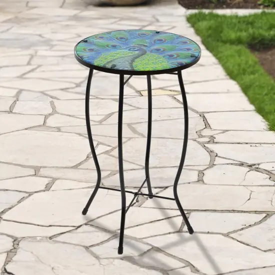 Northlight 19" Blue and Green Peacock Glass Patio Side Table {3}