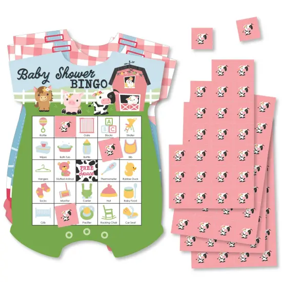 Big Dot of Happiness Girl Farm Animals - Picture Bingo Cards and Markers - Pink Barnyard Baby Shower Shaped Bingo Game - Set of 18 {1}