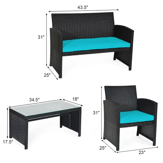 Costway 4PCS Patio Rattan Furniture Conversation Set Cushion Sofa Table Garden Turquoise\Navy {3}
