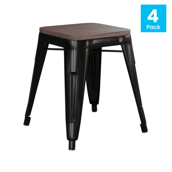 Emma and Oliver Set of Four Table Height Backless Stacking Welded Iron Stools with Wooden Seats and Under Seat Bracing for Indoor Use Teal {9}