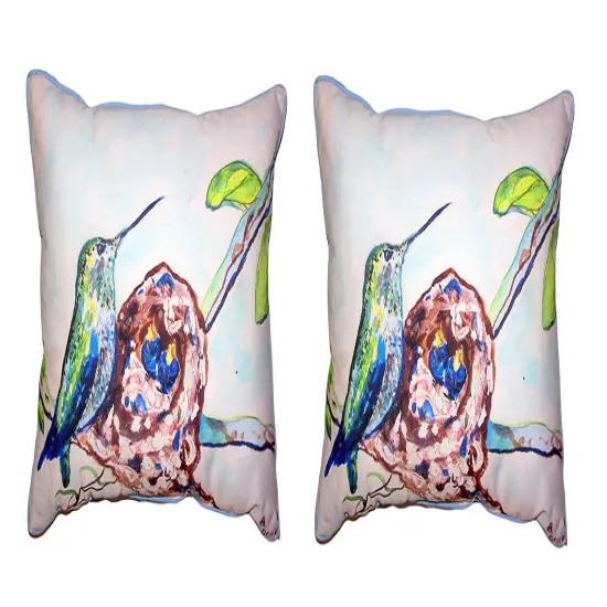 Pair Of Betsy Drake Hummingbird & Chicks Large Indoor/Outdoor Pillows 16 X 20 {1}