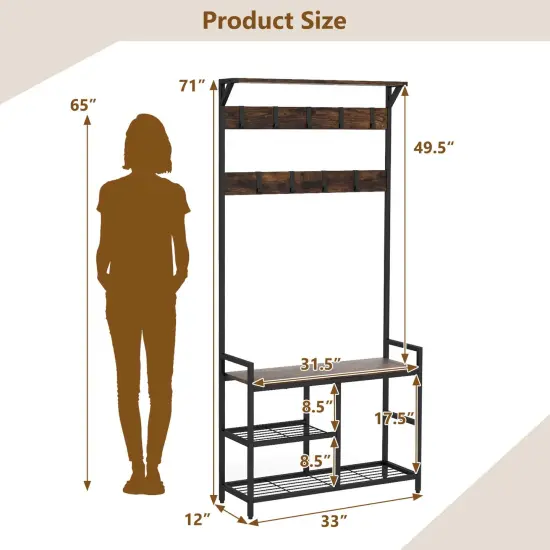 Costway 71'' Coat Rack Hall Tree with Shoe Bench Industrial Entryway Storage Shelf with Hooks {4}