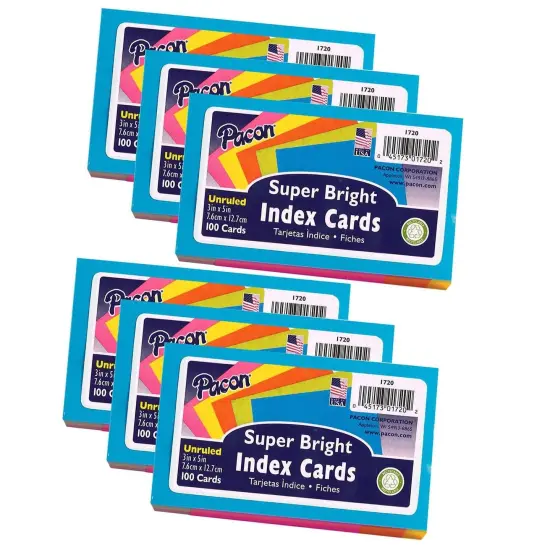 Index Cards, 5 Super Bright Assorted Colors, Unruled, 3" x 5", 100 Cards Per Pack, 6 Packs {1}