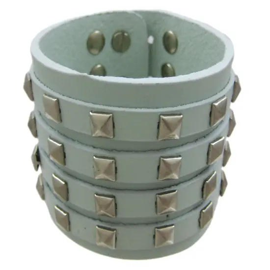 Gray Leather 4 Row Pyramid Studded Wristband Bracelet {1}