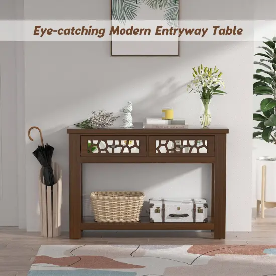 2-Tier Console Table with Drawers and Open Storage Shelf Brown {3}