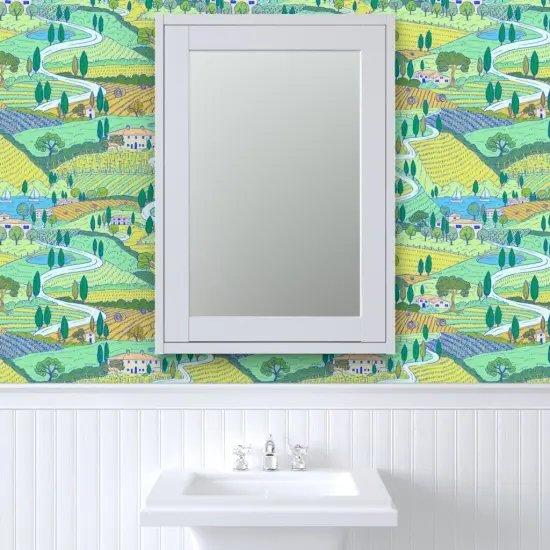 Pre-Pasted Wallpaper 2FT Wide Multicolor Painting Farmland Villa Italian Landscape Large Scale Countryside Tuscan Mediterranean Custom Pre-pasted Wallpaper by Spoonflower {6}
