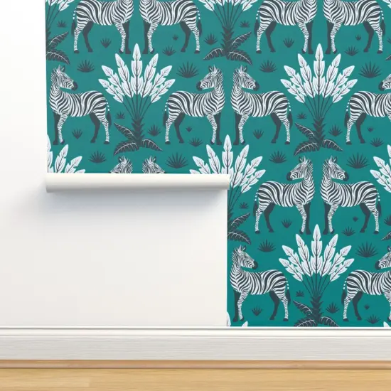 Pre-Pasted Wallpaper 2FT Wide Teal Nature Animal Zebra Africa Wildlife Savanna Large Scale Safari Feathers Damask Grassland Custom Pre-pasted Wallpaper by Spoonflower {2}