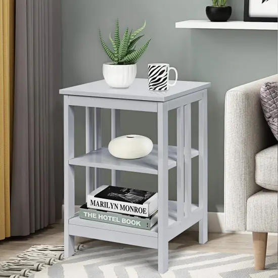 Nightstand 3-Tier X-Design with Storage Shelves Grey {2}