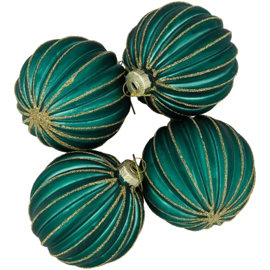Northlight Glittered Ribbed Glass Christmas Ball Ornaments - 3" (75mm) - Green and Gold - 4ct {5}