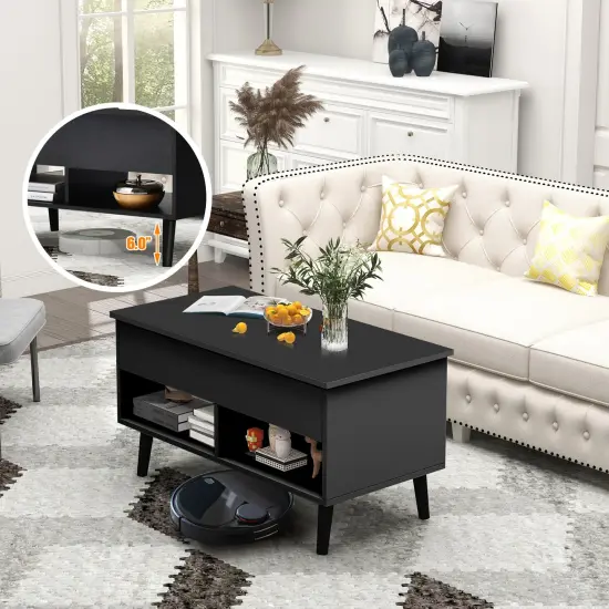 Lift Top Coffee Table with Hidden Compartment and 2 Storage Shelves Black {6}