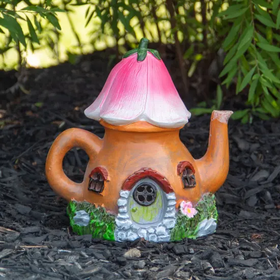 Northlight 7" Solar Lighted Flower Teapot Outdoor Garden Statue Brown {3}