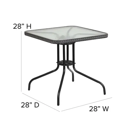 Emma and Oliver 28" Square Tempered Glass Metal Table with Rattan Edging Clear/Gray Rattan {5}
