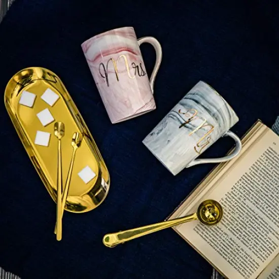 Mr and Mrs Coffee Mugs - Wedding Gifts for Bride and Groom - Gifts for Bridal Shower Engagement Wedding and Married Couples Anniversary - Ceramic Marble Cups 14 Oz Pink {2}