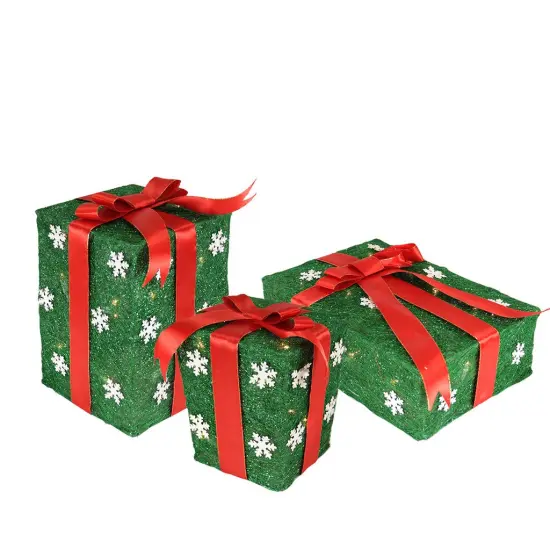 Northlight Set of 3 Lighted Green with Red Bows Gift Boxes Outdoor Christmas Decorations 13" {1}