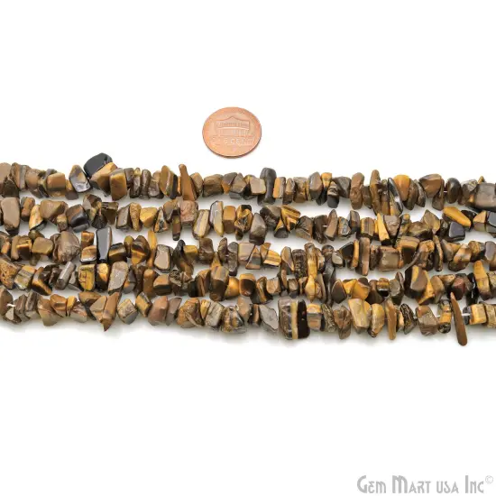Tiger Eye Chip Beads, 34 Inch, Natural Chip Strands, Drilled Strung Nugget Beads, 7-10mm, Polished, GemMartUSA (CHTE-70004) {2}
