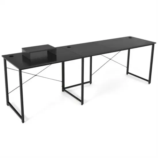 2-Person L-Shaped Long Reversible Computer Desk with Monitor Stand and Steel Frame Black {1}