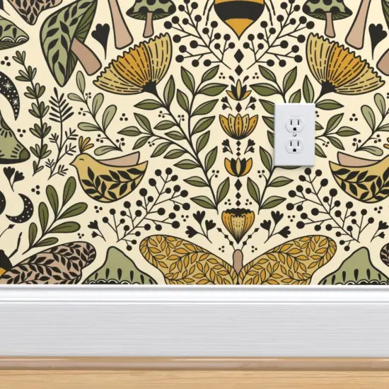 Peel & Stick Wallpaper 2FT Wide Nouveau Nature Green Yellow Butterfly Forest Plants Moth Bohemian Bee Botanical Wildlife Ecological Wild Grass Mustard Beige Custom Removable Wallpaper by Spoonflower {4}