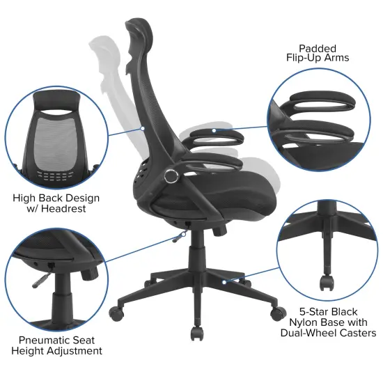 Emma and Oliver High Back Mesh Executive Swivel Office Chair with Flip-Up Arms Black Mesh {2}