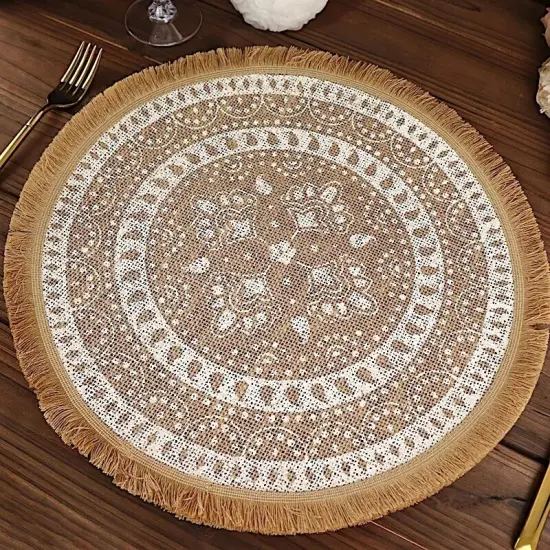 NATURAL WHITE 4 Round 15" Woven Burlap PLACEMATS Print Fringe Rim {5}