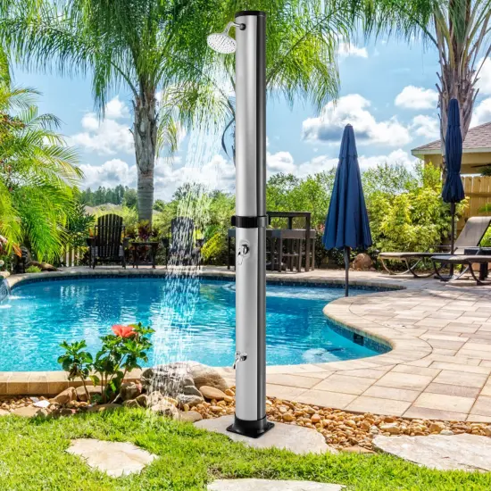 7.2 Feet Solar-Heated Outdoor Shower with Free-Rotating Shower Head Silver {2}