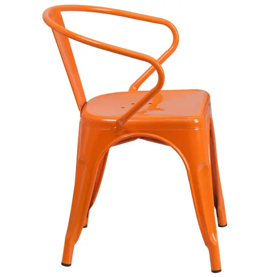 Emma and Oliver Commercial Grade Colorful Metal Indoor-Outdoor Chair with Arms Orange {5}