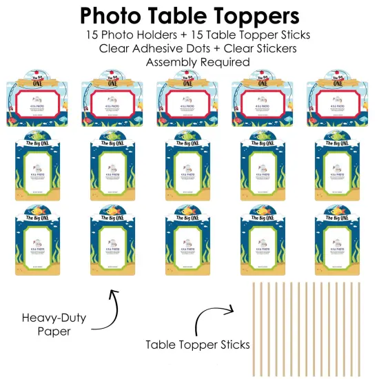 Big Dot of Happiness 1st Birthday Reeling in the Big One - Fish First Birthday Party Picture Centerpiece Sticks - Photo Table Toppers - 15 Pieces {6}