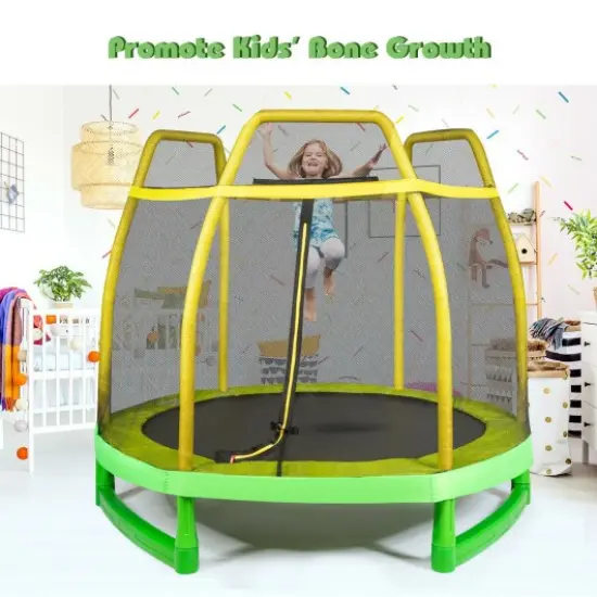 Kids Trampoline with Safety Enclosure Net Yellow {2}
