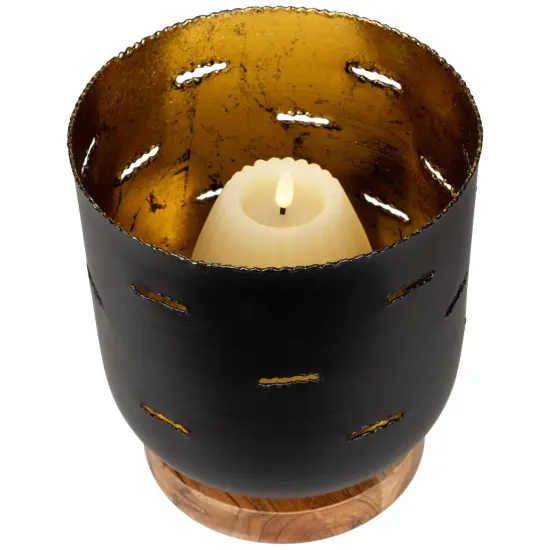 Northlight Iron and Foil Pillar Candle Holder with Wooden Base - 8.25" - Antiqued Black and Gold {4}