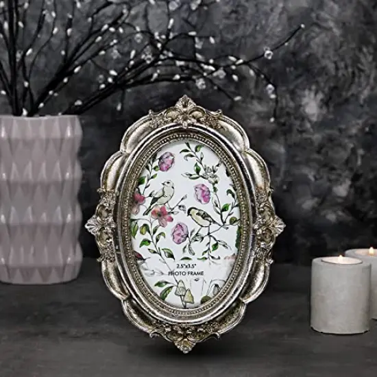 BLYBH Vintage Oval Picture Frame 2.5x3.5 Retro Photo Frames, Tabletop & Wall Hanging Ornate Antique Picture Frame with High Definition Glass, Silver {2}