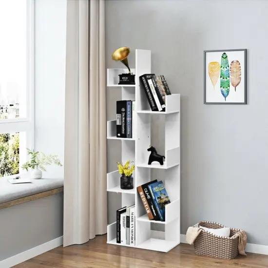 8-Tier Bookshelf Bookcase with 8 Open Compartments Space-Saving Storage Rack White {5}