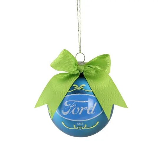 Northlight 2.75" Matte Blue "Ford-1912" Logo With Green Ribbon Glass Ball Christmas Ornament {1}