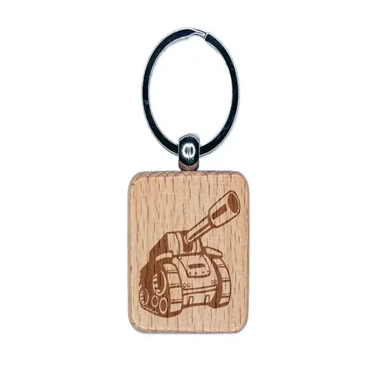 Cartoon Military Army Tank Engraved Wood Square Keychain Tag Charm {1}