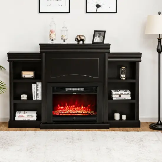 70 Inch Modern Fireplace Media Entertainment Center with Bookcase Black {1}