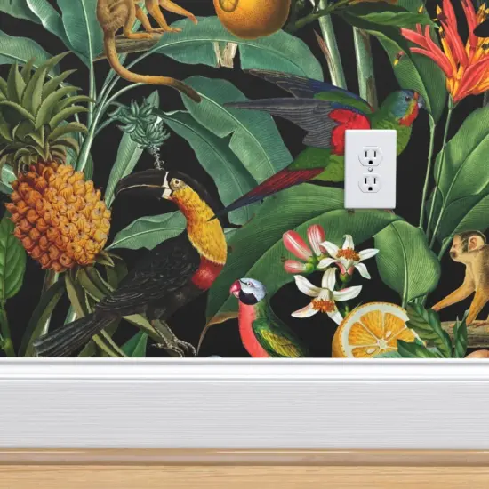 Pre-Pasted Wallpaper 2FT Wide Nature Botanical Tropical Toucans Monkeys Parrots Custom Pre-pasted Wallpaper by Spoonflower {4}