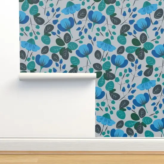 Pre-Pasted Wallpaper 2FT Wide Blue Floral Botanical Daisy Meadow Spring Summer Cottagecorre French Country Large Scale Custom Pre-pasted Wallpaper by Spoonflower {2}