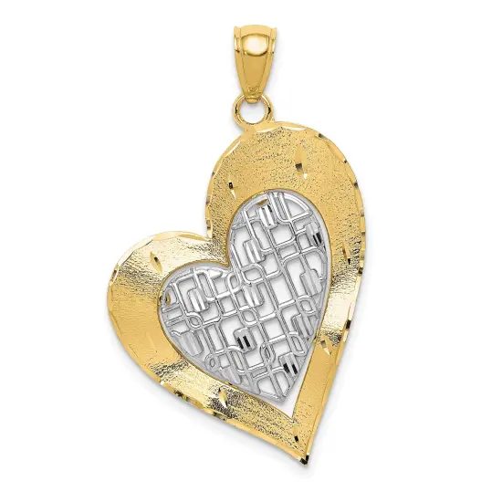 14K Two Tone Gold Diamond Cut Heart Pendant Charm Jewelry 37 x 22 mm {1}