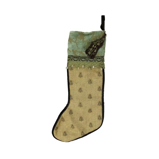 CC Christmas Decor 27" Tortilla Brown and Sage Green Embroidered Patina Jacquard Christmas Stocking {4}