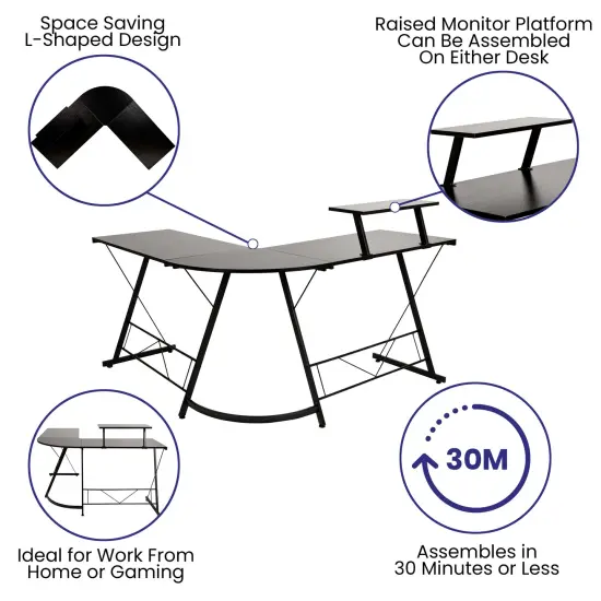 Emma and Oliver L-Shaped Computer Desk, Gaming Desk, Home Office Desk, Frame White/Black {7}