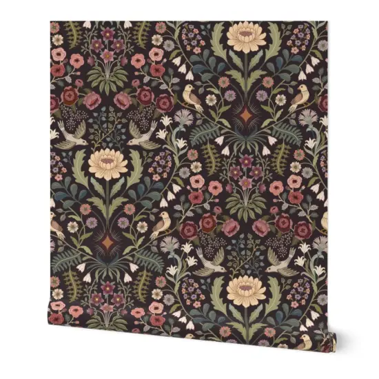 Peel & Stick Wallpaper 2FT Wide Traditional Floral Folk Art Birds Victorian Green Pinks Burgundy Extra Large Custom Removable Wallpaper by Spoonflower {7}