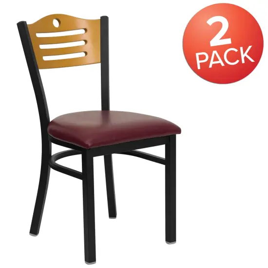 Emma and Oliver 2 Pack Slat Back Metal Restaurant Chair Natural/BurgVY/Black {5}