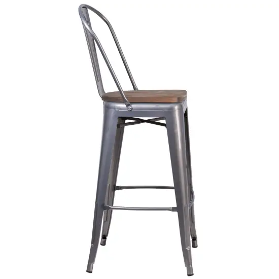 Merrick Lane Vesemir Stool with Powder Coated Metal Frame and Textured Wooden Seat Clear Coated {4}