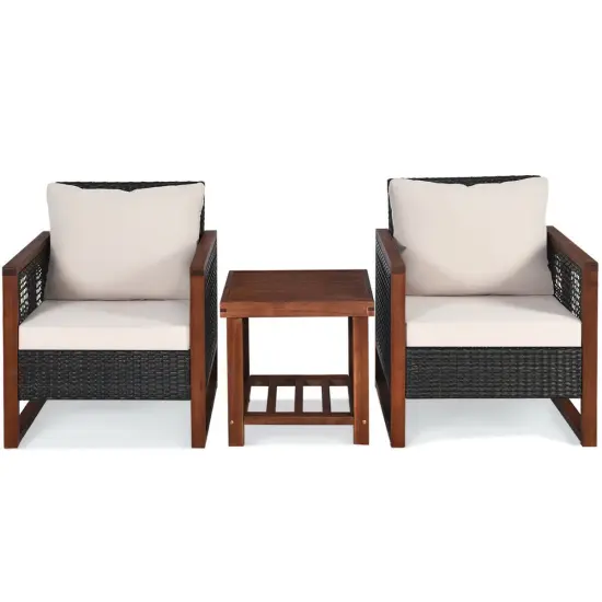 3 Pieces Patio Wicker Furniture Sofa Set with Wooden Frame and Cushion Beige {4}