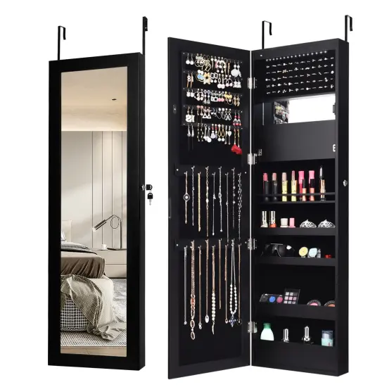 Lockable Wall Door Mounted Mirror Jewelry Cabinet with LED Lights Black {1}